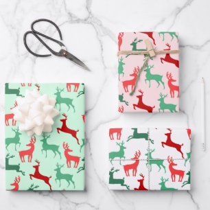 Red Green Christmas Rentier Silhouette Pattern Geschenkpapier Set