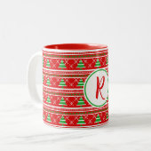 Red Green Christmas Trees Monogram Zweifarbige Tasse (Vorderseite Links)