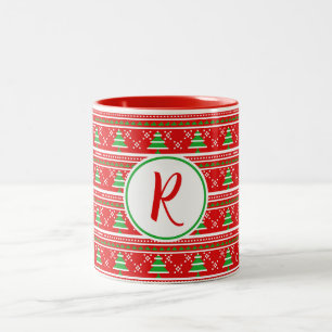 Red Green Christmas Trees Monogram Zweifarbige Tasse