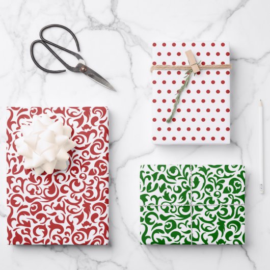 Red Green Colored Damask Polkadots On Crisp White Geschenkpapier Set (Vorderseite)