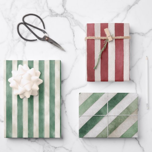 Red Green Cream Stripes Christmas Geschenkpapier Set (Vorderseite)