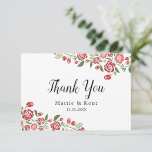 Red Green Elegant Floral Wedding Couple Dankeskarte