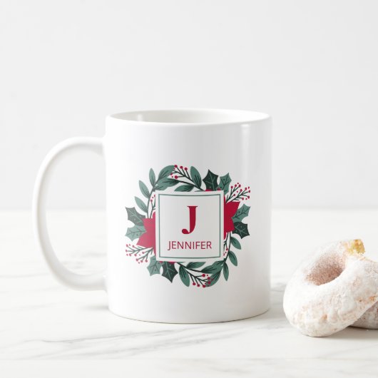 Red Green Floral Elegante Monogram Name Christmas Kaffeetasse (Mit Donut)