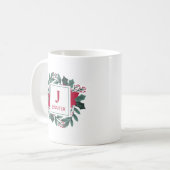 Red Green Floral Elegante Monogram Name Christmas Kaffeetasse (Vorderseite Links)