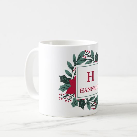 Red Green Floral Elegante Monogram Name Christmas Kaffeetasse (Vorderseite Links)