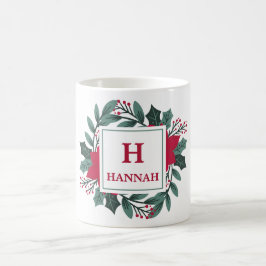 Red Green Floral Elegante Monogram Name Christmas Kaffeetasse