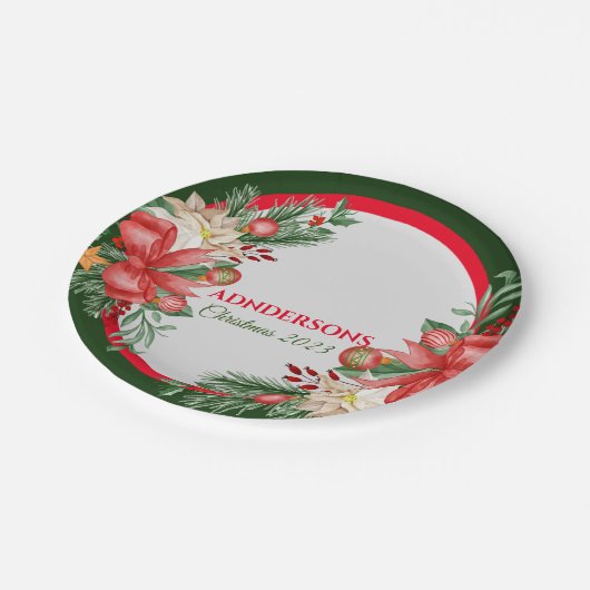 Red Green Floral Frohe Weihnachten Party Pappteller (Schrägansicht)