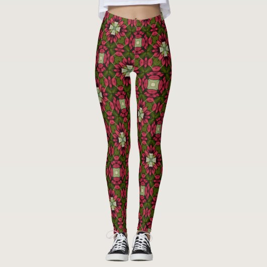 Red & Green Floral Kaleidoscope Leggings (Vorderseite)