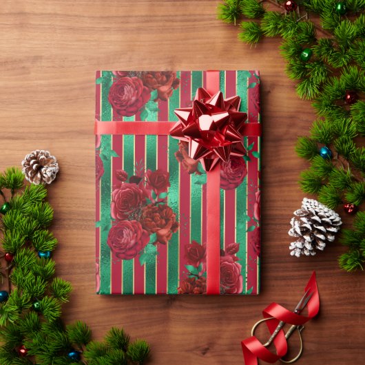 Red Green Floral Rose Metalliday Weihnachten Geschenkpapier (Feiertagsgeschenk)