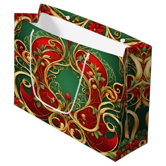 Red Green Floral Weihnachtsgeschenk Tasche Große Geschenktüte (Vorderseite Schrägansicht)