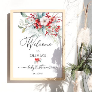 Red Green Floral Winter Baby Dusche Willkommen Poster