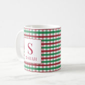 Red & Green Gingham Plaid Monogram Name Kaffeetasse (Vorderseite Links)