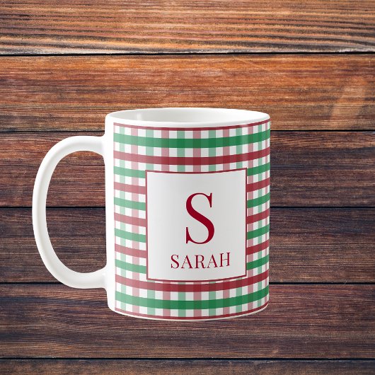 Red & Green Gingham Plaid Monogram Name Kaffeetasse