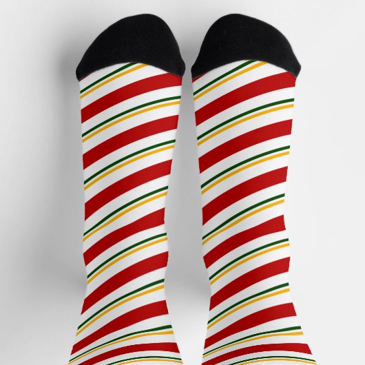 Red Green & Gold Candy Cane Stripes Weihnachten Socken (Oben)
