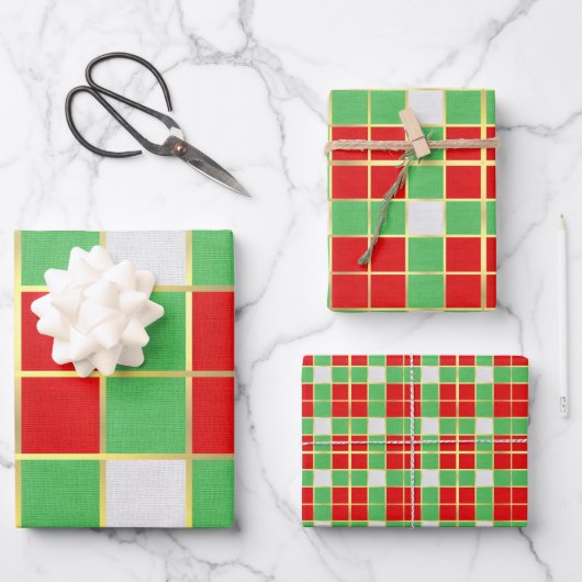 Red Green & Gold Checkered Muster Geschenkpapier Set (Vorderseite)