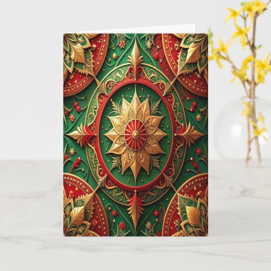 Red Green Gold Decorative Holiday Card Karte (Gelbe Blume)