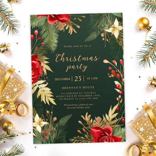 Red Green Gold Elegantes Weihnachtsfest Party Einladung