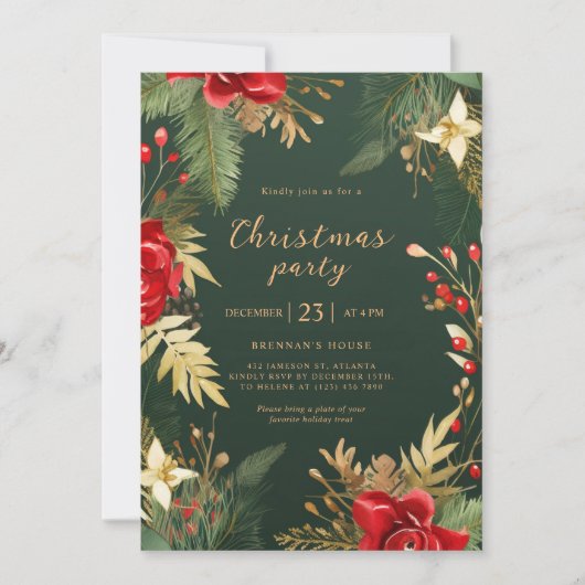 Red Green Gold Elegantes Weihnachtsfest Party Einladung (Vorderseite)