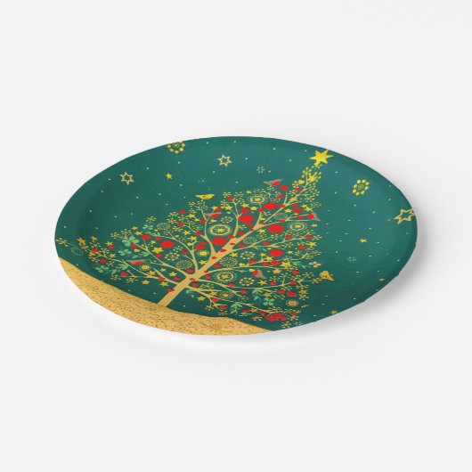 Red Green Gold Glitzer Chrismas Winter Bird Tree Pappteller (Schrägansicht)
