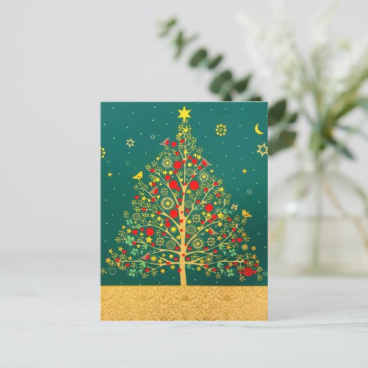 Red Green Gold Glitzer Chrismas Winter Bird Tree Postkarte (Stehend Vorderseite)