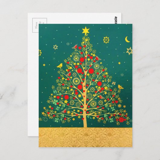 Red Green Gold Glitzer Chrismas Winter Bird Tree Postkarte (Vorne/Hinten)