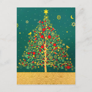 Red Green Gold Glitzer Chrismas Winter Bird Tree Postkarte