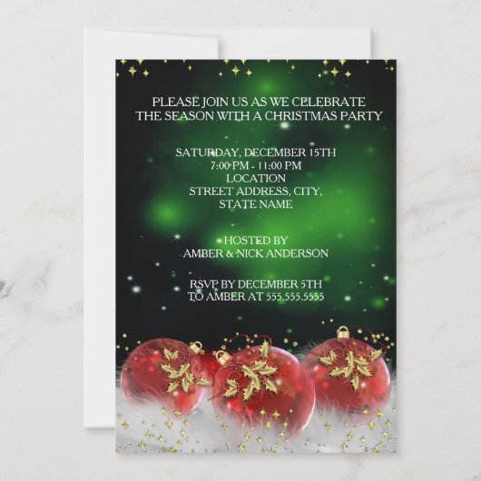 Red Green Gold Holly Baubles Christmas Party Einladung (Rückseite)