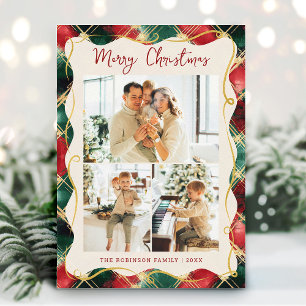 Red Green Gold Kariertes Muster Frohe Weihnachts-F Feiertagskarte