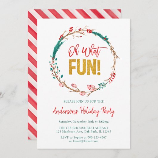 Red Green Gold Kranz Oh, was Spaß Weihnachten Part Einladung (Vorne/Hinten)