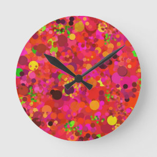 Red Green Gold & Pink Dots Colorful Pattern Modern Runde Wanduhr