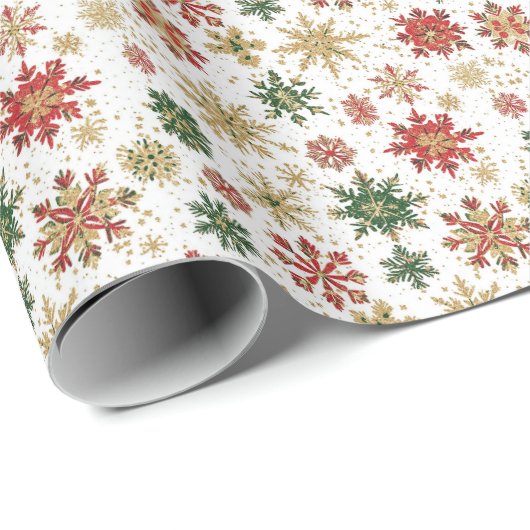 Red, Green & Gold Snowflake Pattern Geschenkpapier (Rolleneckpunkt)