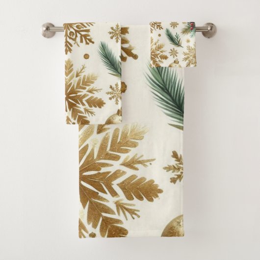 Red Green Gold Snowflorage Flora Holiday Badhandtuch Set (Insitu)