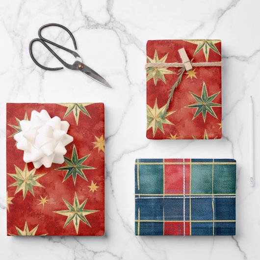 Red Green Gold Stars Christmas Geschenkpapier Set (Vorderseite)