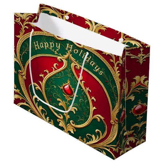 Red Green Gold Weihnachtsgeschenktasche Große Geschenktüte (Vorderseite Schrägansicht)