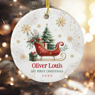 Red Green Gold Winter Sleigh Baby 1. Weihnachten Keramik Ornament
