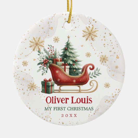 Red Green Gold Winter Sleigh Baby 1. Weihnachten Keramik Ornament (Vorne)