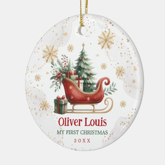 Red Green Gold Winter Sleigh Baby 1. Weihnachten Keramik Ornament (Links)