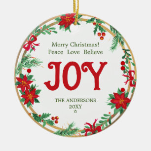 Red Green Gold Wreath Joy Modern Frohe Weihnachten Keramik Ornament