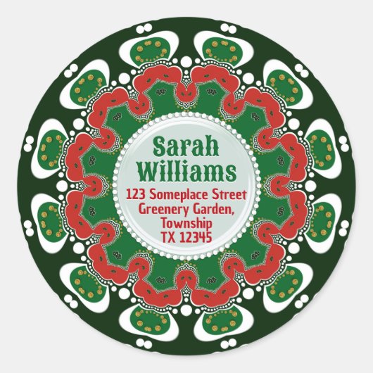 Red Green Holiday Mandala w/ Custom Text Name Addr Runder Aufkleber (Vorderseite)
