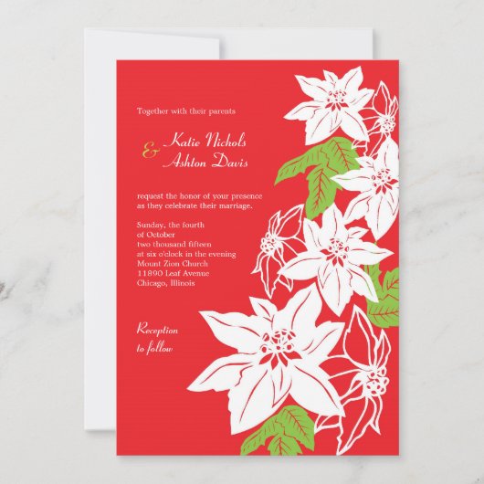 Red & Green Holiday Poinsettias Wedding Einladung (Vorderseite)