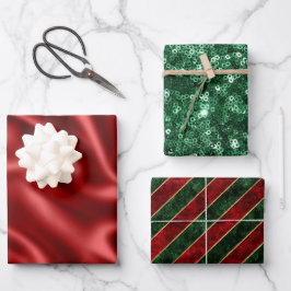 Red & Green Holiday Satin & Glitzer Weihnachten Geschenkpapier Set