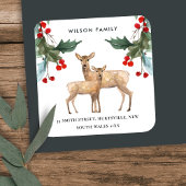RED GREEN HOLLY BERRY DEER DUO NEW YEAR ADRESSE QUADRATISCHER AUFKLEBER