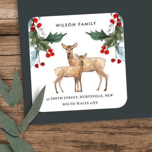 RED GREEN HOLLY BERRY DEER DUO NEW YEAR ADRESSE QUADRATISCHER AUFKLEBER
