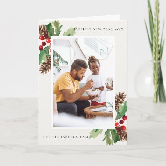 RED GREEN HOLLY BERRY PINE CONE NEW YEAR FOTO KARTE (Vorderseite)