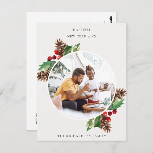 RED GREEN HOLLY BERRY PINE CONE NEW YEAR FOTO POSTKARTE (Vorne/Hinten)