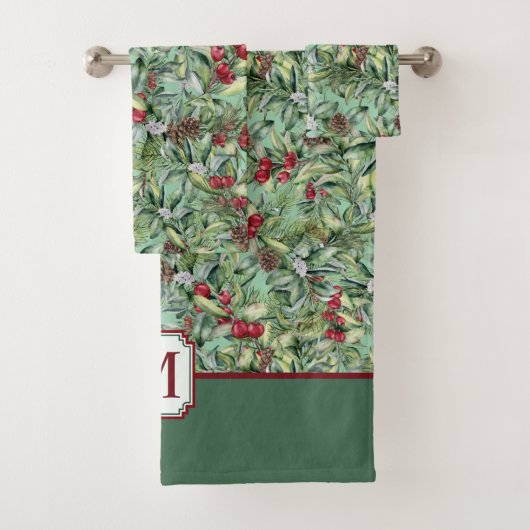 Red Green Holly Weihnachtsmuster Monogram Badhandtuch Set (Insitu)