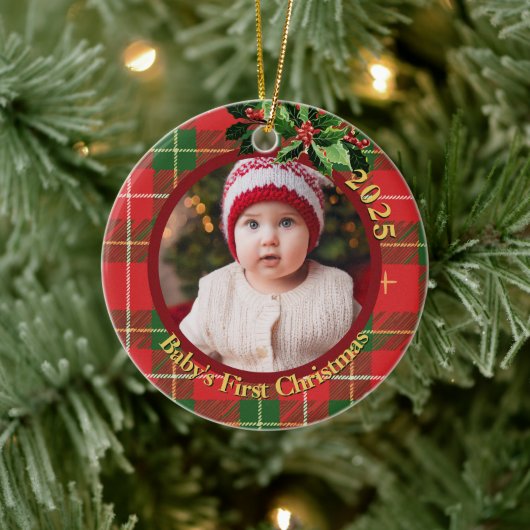 Red Green Kariert | Babys erstes Weihnachtsfest-Fo Keramik Ornament (Baum)