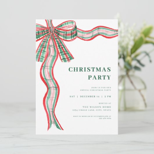 Red Green Kariert Bow Weihnachts-Party Einladung (Stehend Vorderseite)