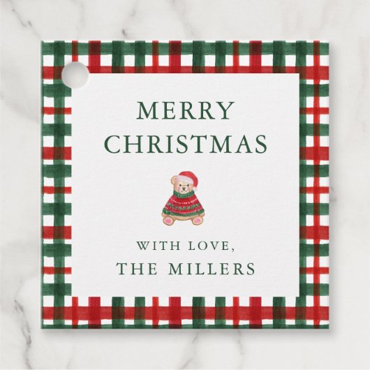 Red Green Kariert Preppy Bären Weihnachtsgeschenke Geschenkanhänger (Vorderseite)
