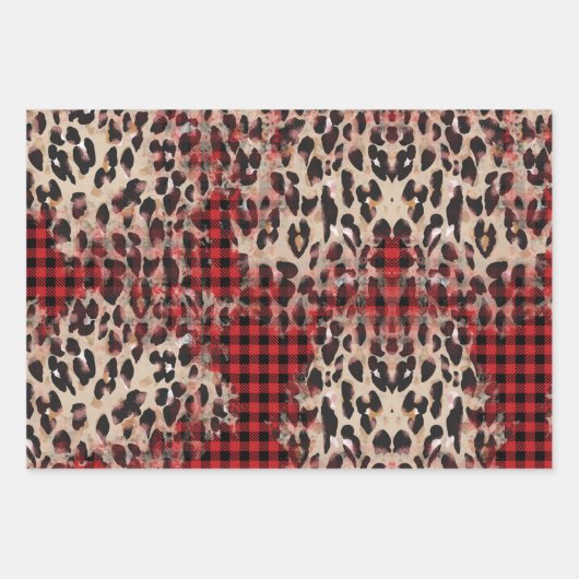 Red & Green Kariert und Cheetah Funky Christmas Geschenkpapier Set (Vorderseite)